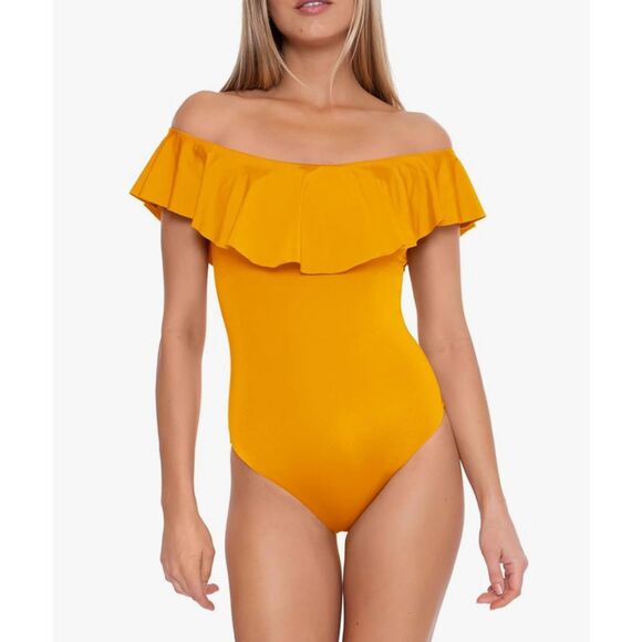 NWT‎ Trina Turk Monaco Ruffle Mellow Yellow Ruffle Top 1 Piece Swimsuit Size 14 - Picture 2 of 10